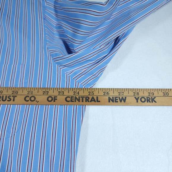Faconnable Men's Blue Stripe Button Down Dress Shirt White Collar Size S 16 1/2L - Picture 11 of 13